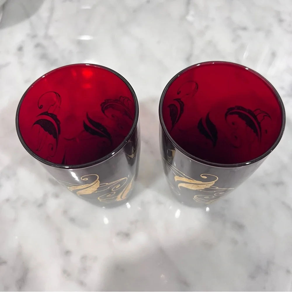 Vintage Anchor Hocking Ruby Red Glass Tumblers with Gold Leaf Motif